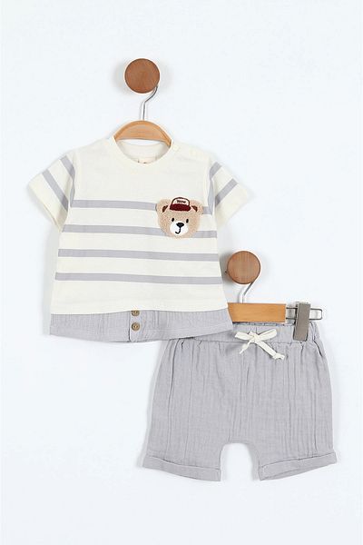 MBK GARDEN Baby Boy Summer Bottom Top Set Muslin Shorts Teddy Bear Embroidered