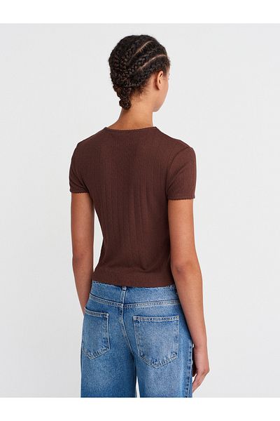 Dilvin 31795 Bow Detailed Short Sleeve Contrast T-Shirt-Light Brown