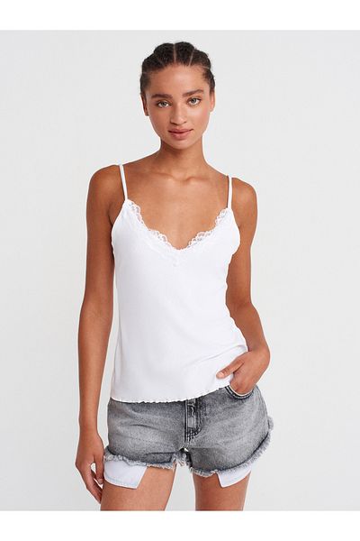 Dilvin 21066 Lace Ribbon Strap Top-White