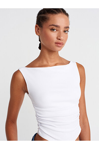 Dilvin 31862 Gathered Off-The-Shoulder Top-White