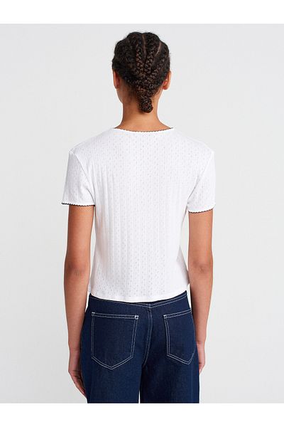 Dilvin 31795 Bow Detailed Short Sleeve Contrast T-Shirt-White