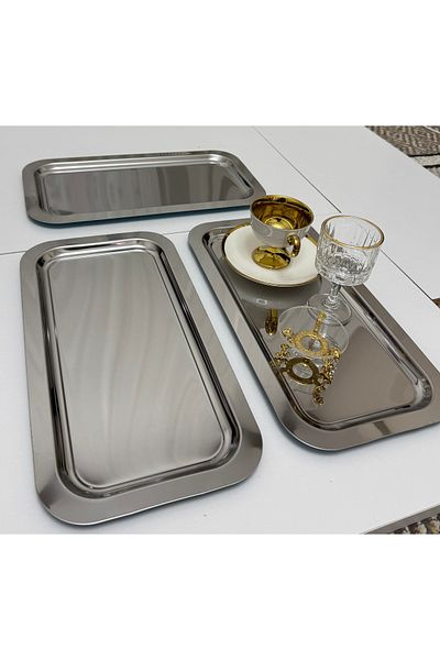 SEVA ÇELİK 3 Pcs Stainless Steel Large Rectangular Serving and Presentation Tray 18*33 cm