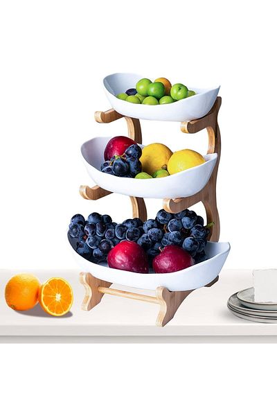 Saharaz 3-layer ceramic fruit tray,exquisite and practical,with bamboo frame,easy to clean,for fruits,white