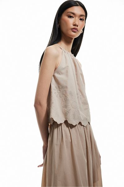 Koton Cotton Floral Textured Scalloped Broderie Halter Neckline Strap Blouse