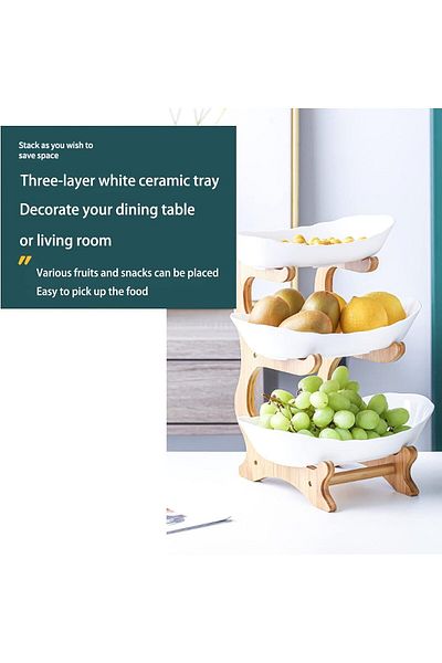 Saharaz 3-layer ceramic fruit tray,exquisite and practical,with bamboo frame,easy to clean,for fruits,white