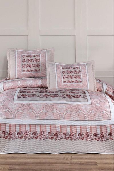 Çeyiz Diyarı Ventora Printed Quilted Double Bedspread Powder