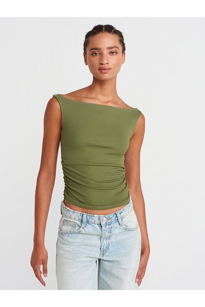 Dilvin 31862 Gathered Off-The-Shoulder Top-Open Khaki