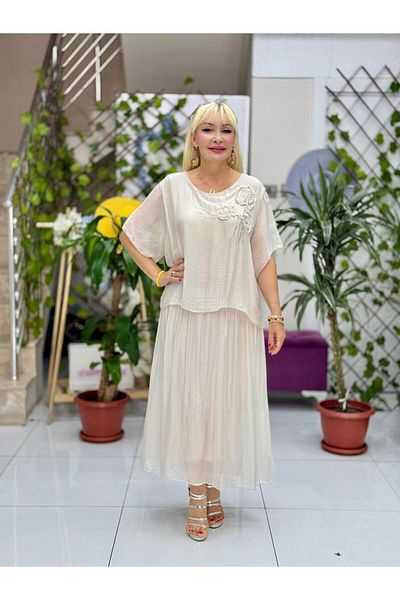 Punta Otantik Nc1025 Italian Chest Floral Silk Dress Cream