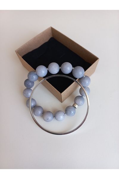 LemaStone Natural Stone and Silver Color Steel Double Bracelet; Designed with Ceyt Amozonite Stone.