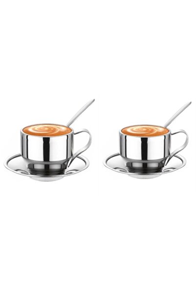 OEM Set of 2 stainless steel cup, saucer and spoon, 125 ml