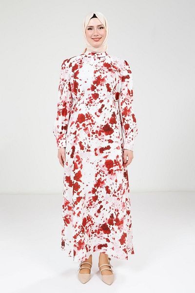 Beyza Mobile Belt Printed Red Dress 9385
