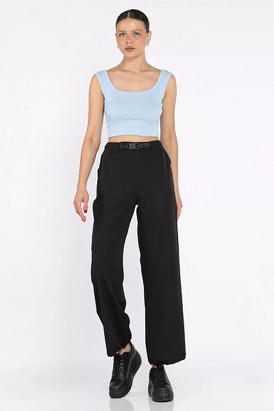 GÜLSELİ Black Women's Parachute Pants with Elastic Waist and Legs