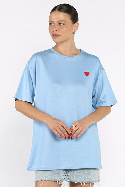 GÜLSELİ Tricou casual cu broderie inimă cu decolteu pentru femei albastru
