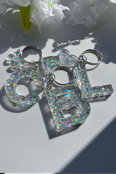Sultan Tasarım Gold Foil Floral Glittery-Paillette Epoxy Letter - Number Keychains