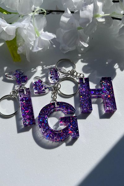 Sultan Tasarım Gold Foil Floral Glittery-Paillette Epoxy Letter - Number Keychains