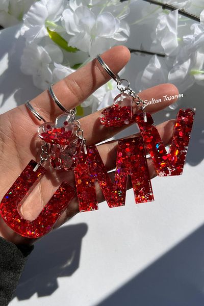 Sultan Tasarım Gold Foil Floral Glittery-Paillette Epoxy Letter - Number Keychains
