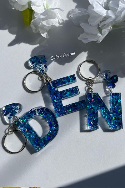 Sultan Tasarım Gold Foil Floral Glittery-Paillette Epoxy Letter - Number Keychains