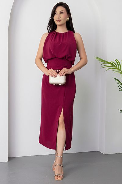 PULLIMM Crew Neck Gathered Waist Slit Dress Ny9727