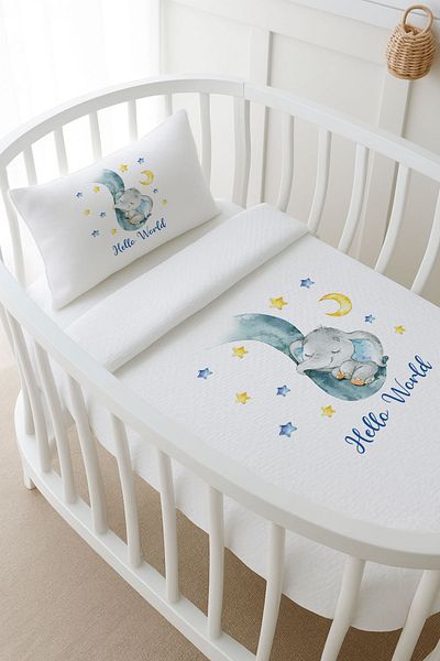 Tuğba Kuğu Pike Set - for Baby - Sleeping Elephant Blue - 60 X 100 cm