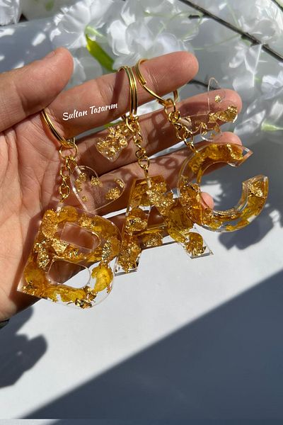 Sultan Tasarım Gold Foil Floral Glittery-Paillette Epoxy Letter - Number Keychains