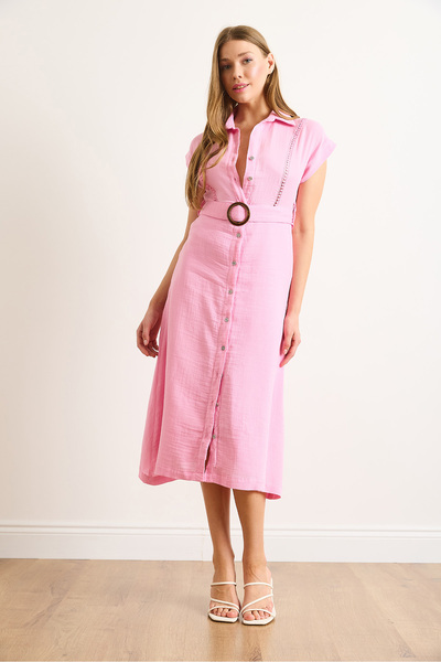 Olalook Women's Candy Pink Lining Sewn Belted Muslin Shirt Dress Elb-19002423