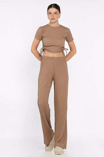 GÜLSELİ Coffee Women's Self Patterned Side Gathered Blouse Trousers Double Suit