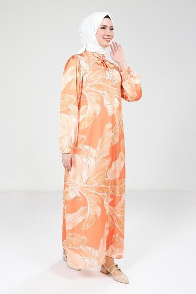 Beyza Printed Orange Dress with Neckline Belt Detail 9388