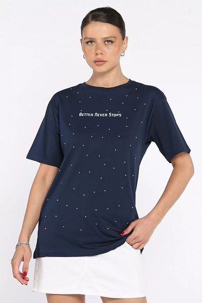 GÜLSELİ Navy Blue Women's Text Printed Stone Crew Neck T-Shirt