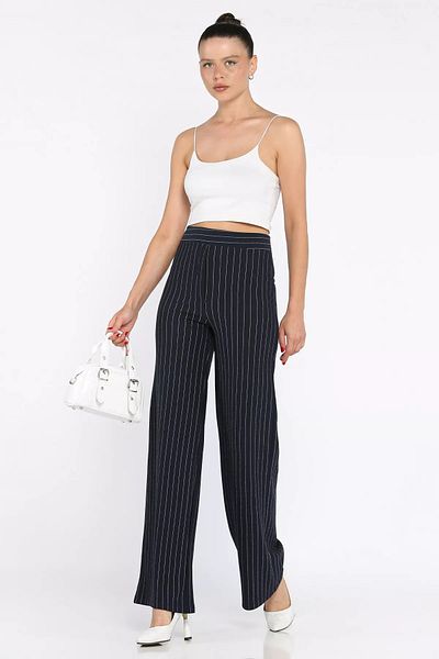 GÜLSELİ Navy Blue Stripe Patterned Wide Leg Women's Trousers