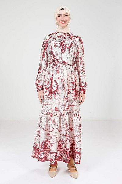 Beyza Printed Belted Burgundy Dress 9387