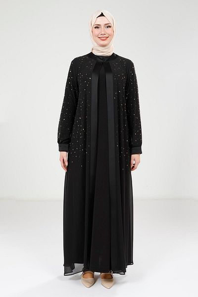 Beyza Σετ σιφόν μαύρο Abaya με πέτρινη λεπτομέρεια 9321