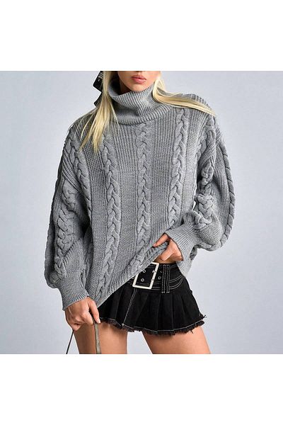 tofan Oversize Fit High Neck Knit Patterned Sweatshirt - Gray