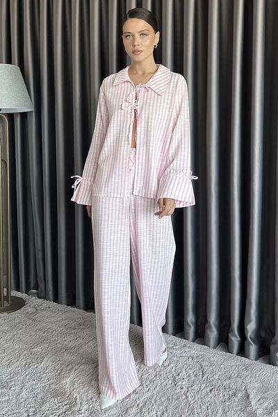 GÜLSELİ Pink Front Tie Striped Blouse Pants Double Set