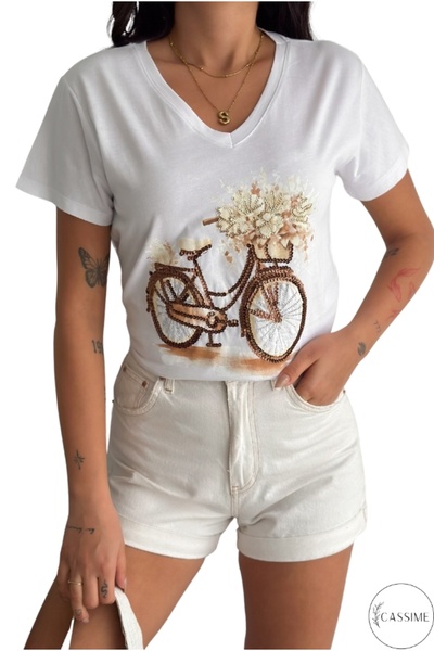 Cassime Kadın Beyaz V Yaka Bisiklet Desen Pul Payet İşlemeli %100 Pamuk Tişört S-M-L