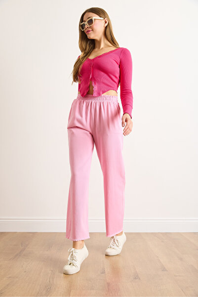 Olalook Women's Pink Elastic Waist Pocketed Leg Tassel Detailed Washable Gabardine Trousers Pnt-19000351