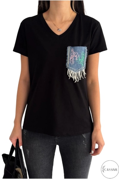 Cassime Γυναικείο μπλουζάκι τζιν τζιν σε μαύρο V λαιμόκοψη με παγιέτα με κεντ...