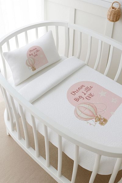 Tuğba Kuğu Pike Set - for Baby - Bear in a Pink Balloon - 80 X 120 cm