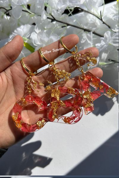 Sultan Tasarım Gold Foil Floral Glittery-Paillette Epoxy Letter - Number Keychains