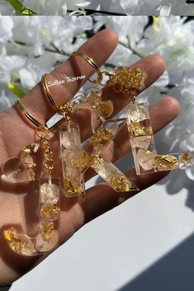 Sultan Tasarım Gold Foil Floral Glittery-Paillette Epoxy Letter - Number Keychains