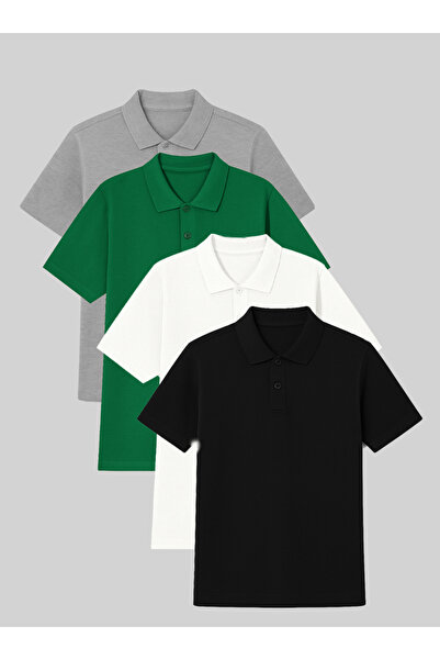FATELLA Men's Polo Neck Short Sleeve T-Shirt 4 Pack 100% Cotton – Green Black...
