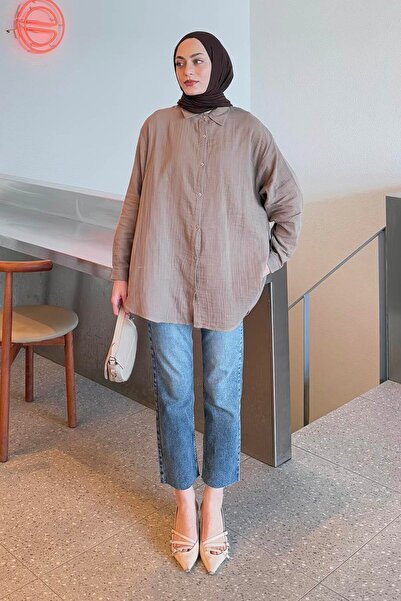 lamelif Πουκάμισο Muslin Hijab Μαλακό Καφέ