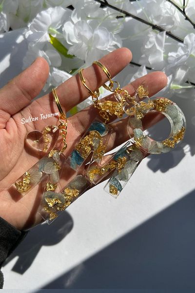 Sultan Tasarım Gold Foil Floral Glittery-Paillette Epoxy Letter - Number Keychains