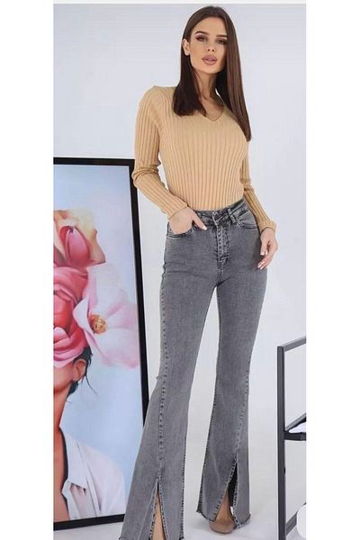 İncim Gray High Waist Slit Women's Wide Leg Jean Pants