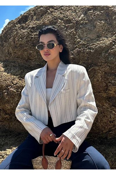 My Blog Stone Striped Crop Linen Jacket - 7252