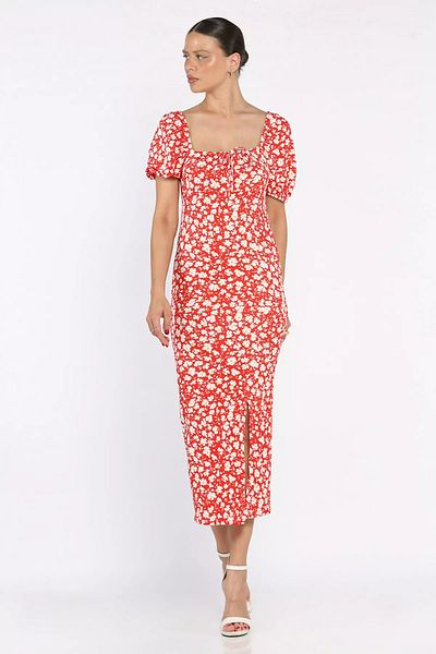 GÜLSELİ Red Slit Balloon Sleeve Women's Patterned Dress