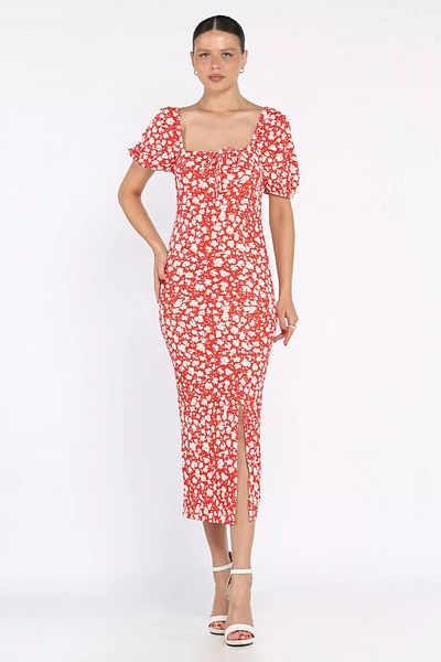 GÜLSELİ Red Slit Balloon Sleeve Women's Patterned Dress