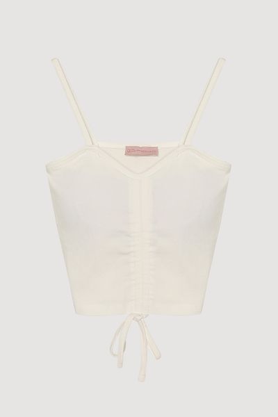Quzu Thin Strap Gather Detailed Crop Blouse Ecru