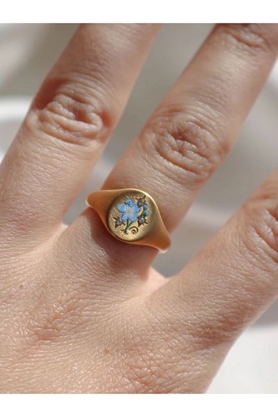 Reorah Collection Vintage Blue Flower Steel Ring