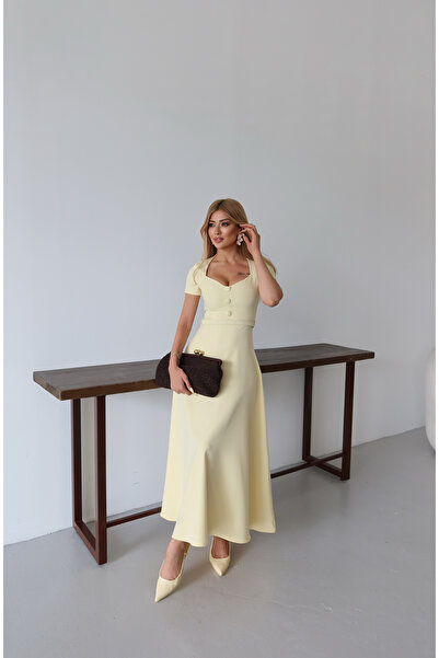 blue ashley Kare Yakalı Kemerli Kloş Midi Elbise