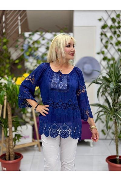 Punta Otantik Nc20428 Italian Classic Silk Blouse Navy Blue